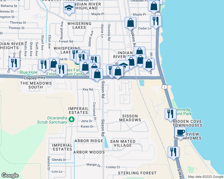 map of restaurants, bars, coffee shops, grocery stores, and more near 4730 Tuscarora Road in Titusville