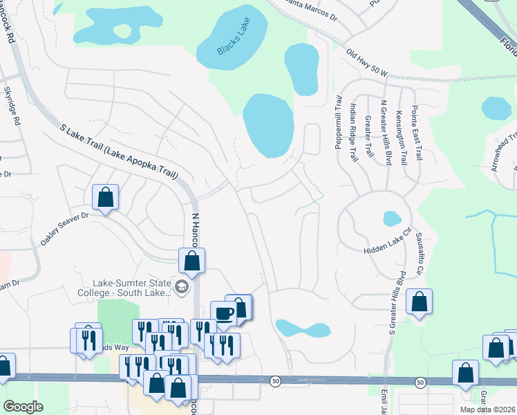 map of restaurants, bars, coffee shops, grocery stores, and more near 1046 Mesa Verde Court in Clermont