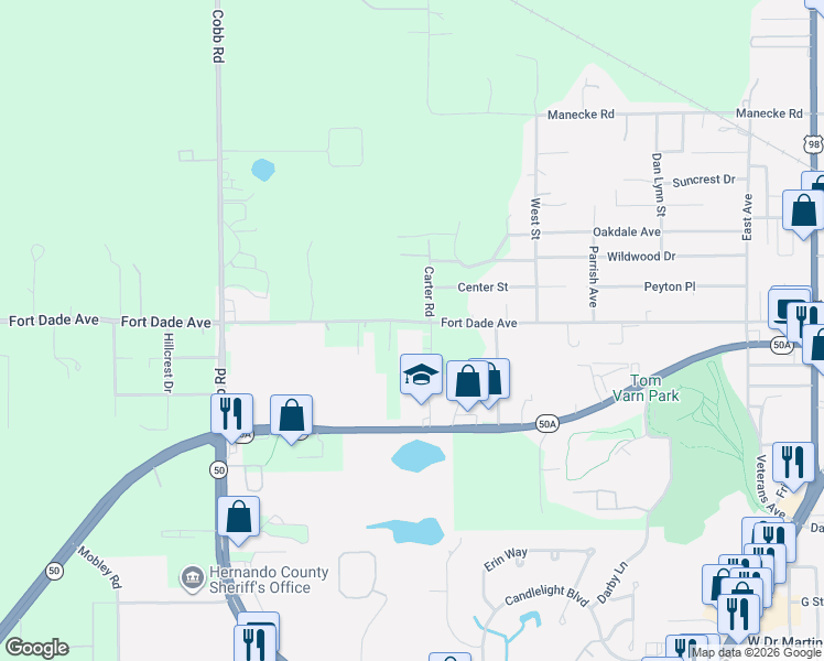 map of restaurants, bars, coffee shops, grocery stores, and more near 159 Sawdust Lane in Brooksville