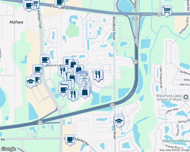 map of restaurants, bars, coffee shops, grocery stores, and more near 12826 Lexington Summit Street in Orlando