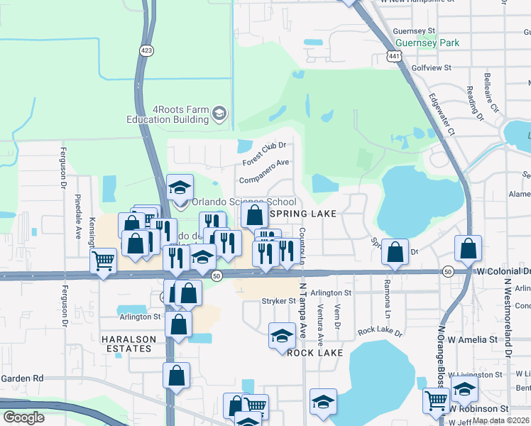 map of restaurants, bars, coffee shops, grocery stores, and more near 900 Hillary Court in Orlando