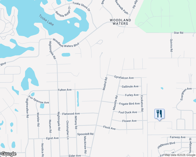 map of restaurants, bars, coffee shops, grocery stores, and more near 9009 Mavis Road in Spring Hill