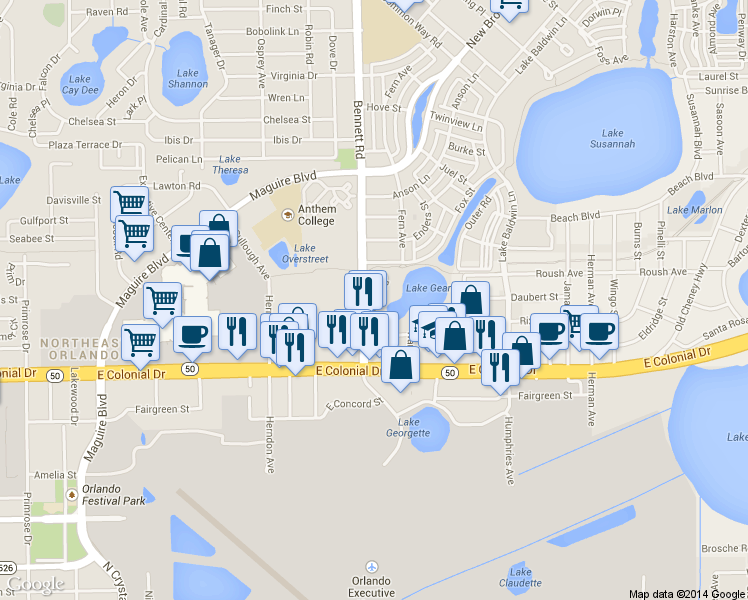 map of restaurants, bars, coffee shops, grocery stores, and more near 813 Lowell Boulevard in Orlando