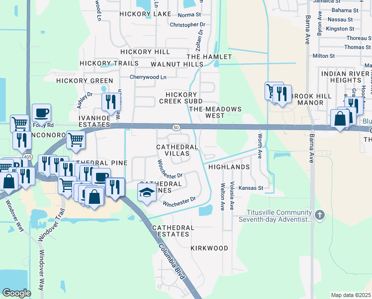 map of restaurants, bars, coffee shops, grocery stores, and more near 2465 Saint Paul Drive in Titusville