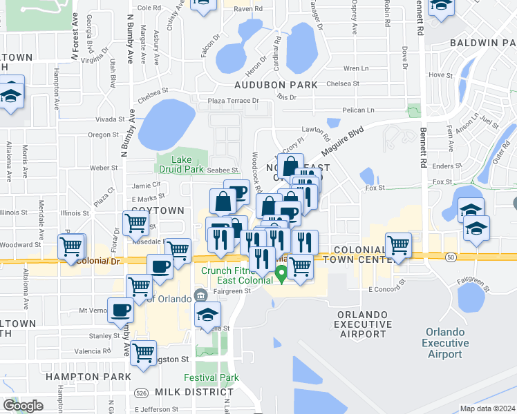 map of restaurants, bars, coffee shops, grocery stores, and more near 781 Maguire Boulevard in Orlando