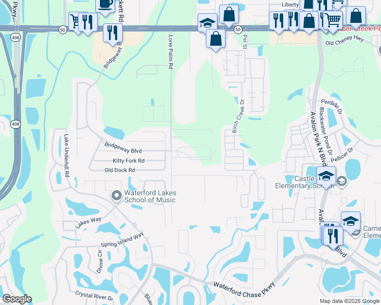 map of restaurants, bars, coffee shops, grocery stores, and more near 1231 Hancock Lone Palm Road in Orlando