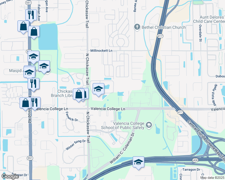 map of restaurants, bars, coffee shops, grocery stores, and more near 8207 Sun Spring Circle in Orlando