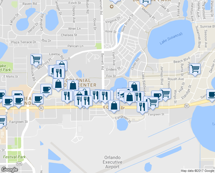map of restaurants, bars, coffee shops, grocery stores, and more near 813 Lowell Boulevard in Orlando
