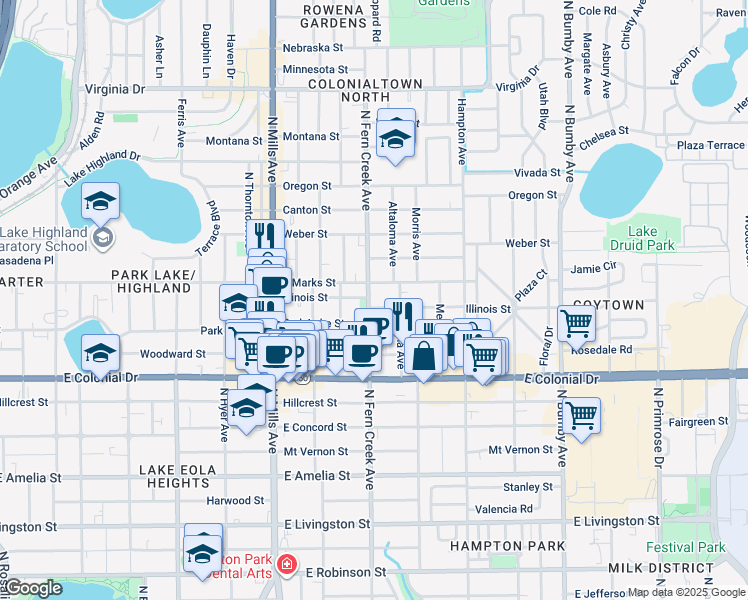 map of restaurants, bars, coffee shops, grocery stores, and more near 813 North Fern Creek Avenue in Orlando