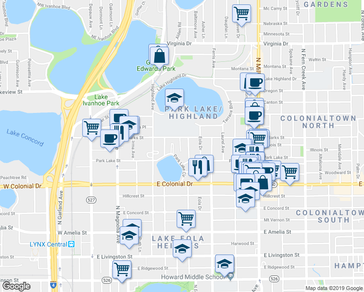 map of restaurants, bars, coffee shops, grocery stores, and more near 817 Kenilworth Terrace in Orlando