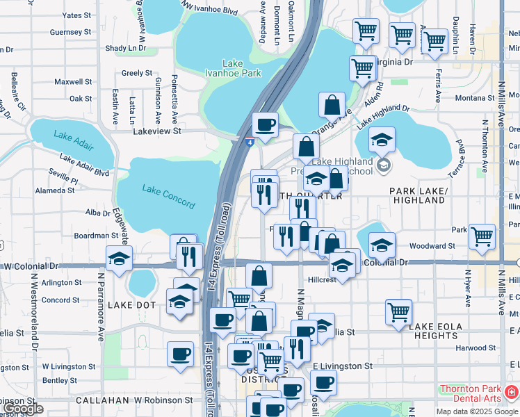 map of restaurants, bars, coffee shops, grocery stores, and more near 860 North Orange Avenue in Orlando