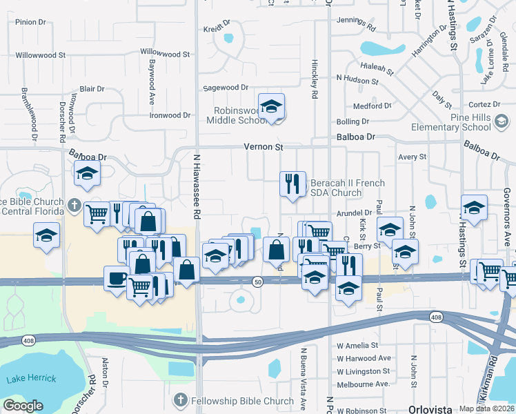map of restaurants, bars, coffee shops, grocery stores, and more near 6452 Arundel Drive in Orlando