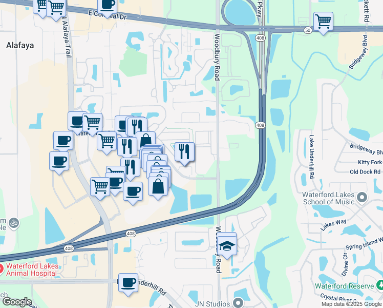 map of restaurants, bars, coffee shops, grocery stores, and more near 12905 Lexington Summit Street in Orlando