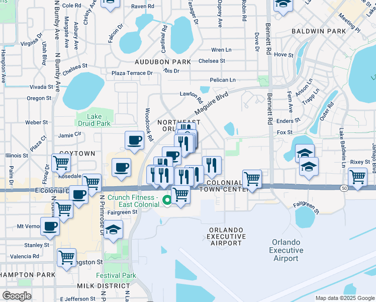 map of restaurants, bars, coffee shops, grocery stores, and more near 3201 East Colonial Drive in Orlando
