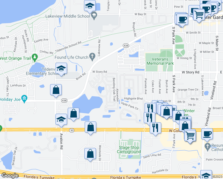 map of restaurants, bars, coffee shops, grocery stores, and more near 907 Leawood Way in Winter Garden