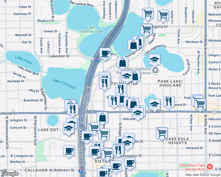 map of restaurants, bars, coffee shops, grocery stores, and more near 800 North Magnolia Avenue in Orlando