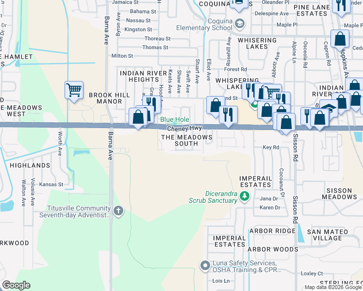 map of restaurants, bars, coffee shops, grocery stores, and more near 1333 Cheney Highway in Titusville