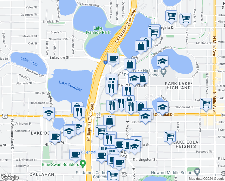 map of restaurants, bars, coffee shops, grocery stores, and more near 885 North Orange Avenue in Orlando