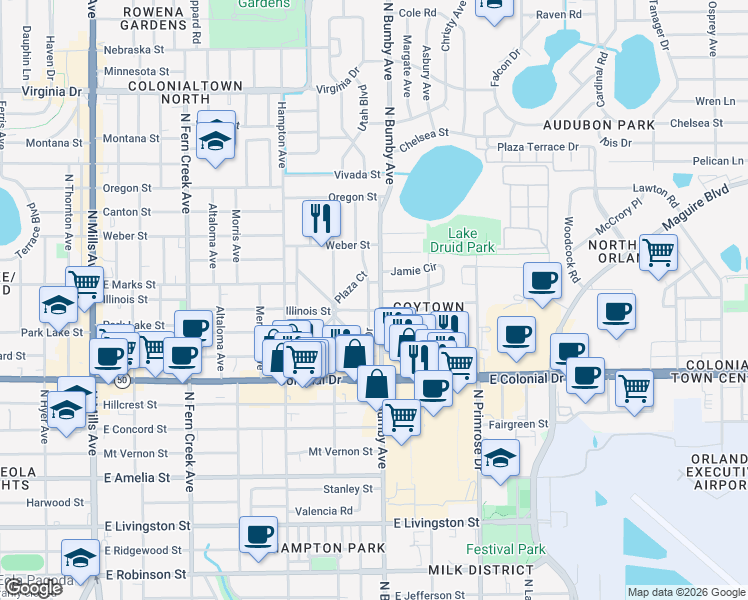 map of restaurants, bars, coffee shops, grocery stores, and more near 815 Floral Drive in Orlando