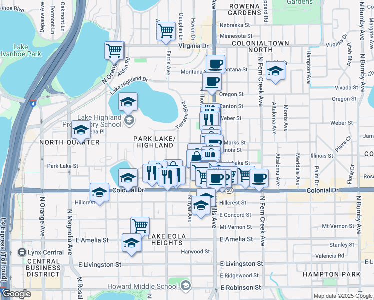 map of restaurants, bars, coffee shops, grocery stores, and more near 817 Laurel Avenue in Orlando