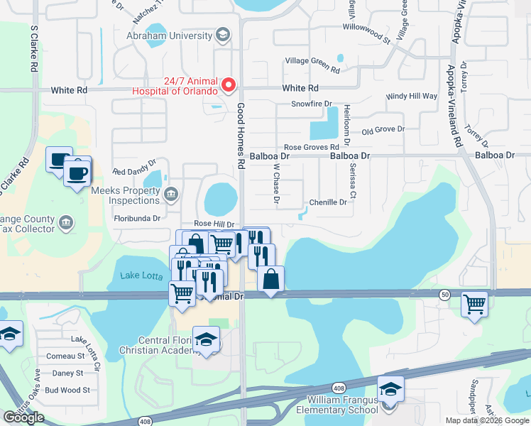 map of restaurants, bars, coffee shops, grocery stores, and more near 8759 Isla Bella Drive in Orlando