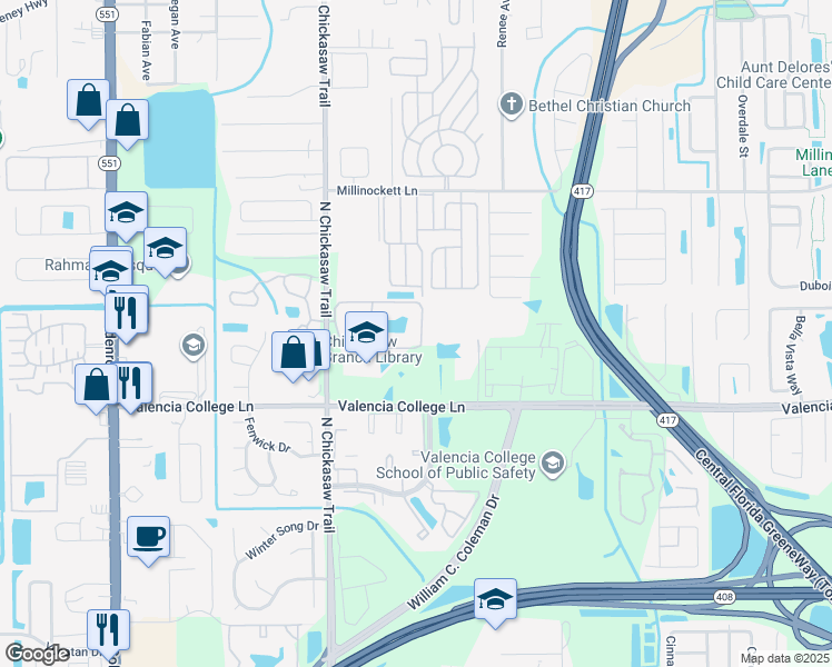 map of restaurants, bars, coffee shops, grocery stores, and more near 8207 Sun Spring Circle in Orlando