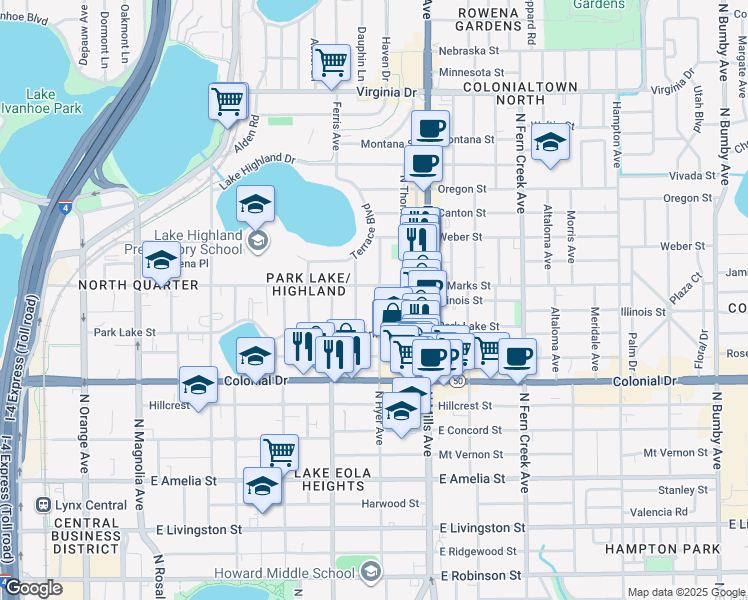 map of restaurants, bars, coffee shops, grocery stores, and more near 817 Laurel Avenue in Orlando