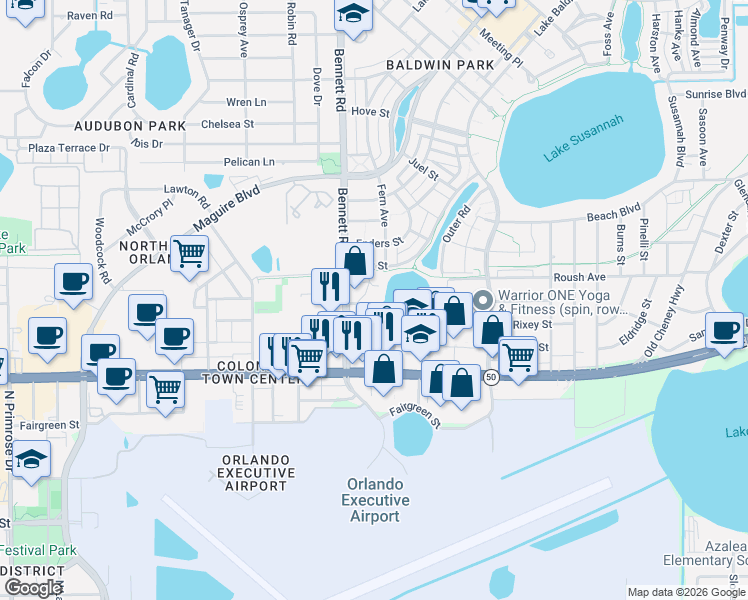 map of restaurants, bars, coffee shops, grocery stores, and more near 829 Lowell Boulevard in Orlando