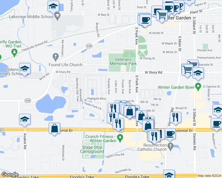 map of restaurants, bars, coffee shops, grocery stores, and more near 731 Pamela Avenue in Winter Garden