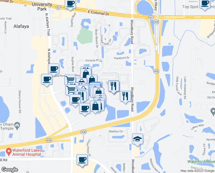 map of restaurants, bars, coffee shops, grocery stores, and more near 12752 Lexington Summit Street in Orlando