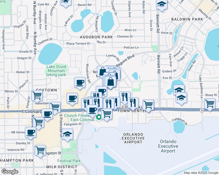 map of restaurants, bars, coffee shops, grocery stores, and more near 3201 East Colonial Drive in Orlando