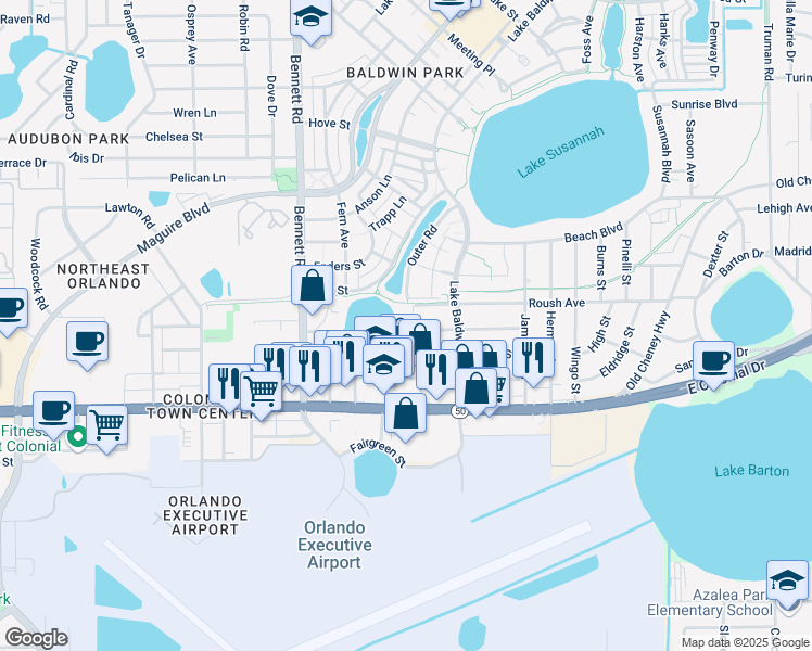 map of restaurants, bars, coffee shops, grocery stores, and more near 1014 Maltby Avenue in Orlando