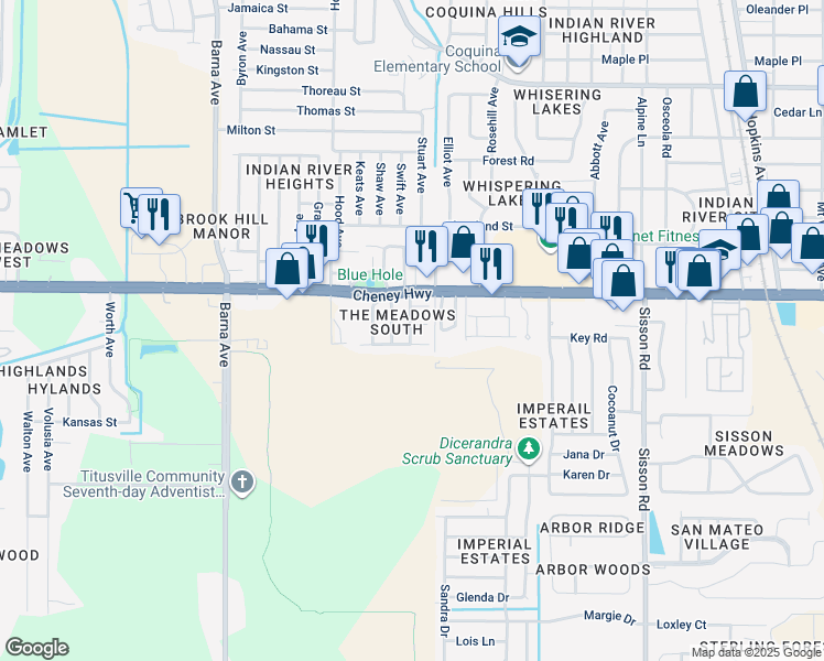 map of restaurants, bars, coffee shops, grocery stores, and more near 1291 Cheney Highway in Titusville