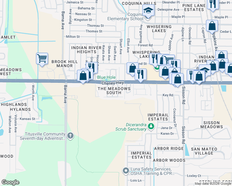 map of restaurants, bars, coffee shops, grocery stores, and more near 1281 Cheney Highway in Titusville
