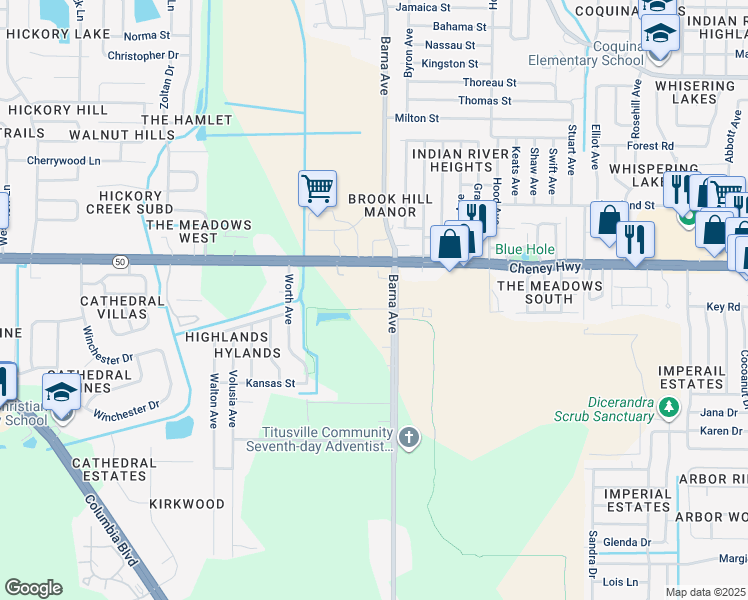 map of restaurants, bars, coffee shops, grocery stores, and more near 1809 Cheney Highway in Titusville