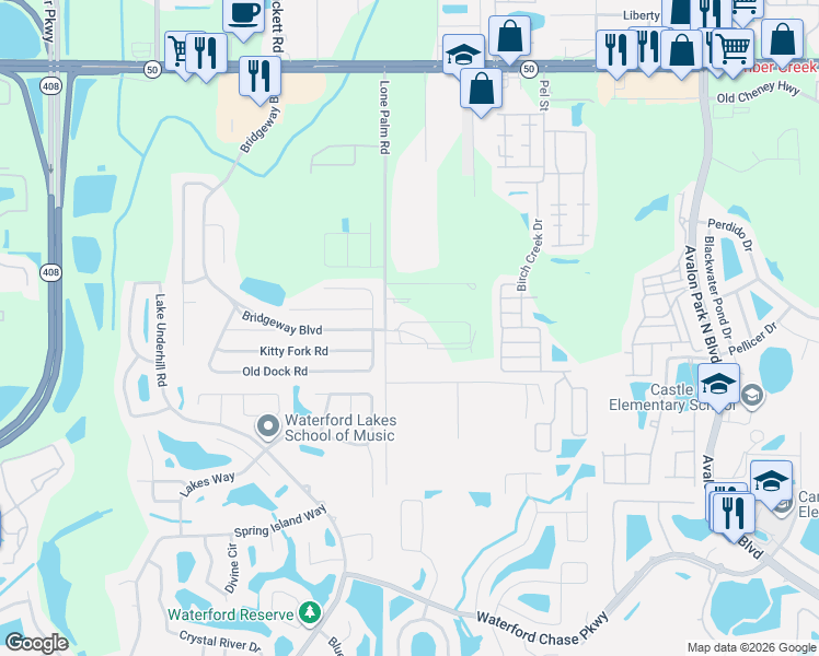 map of restaurants, bars, coffee shops, grocery stores, and more near 1311 Hancock Lone Palm Road in Orlando