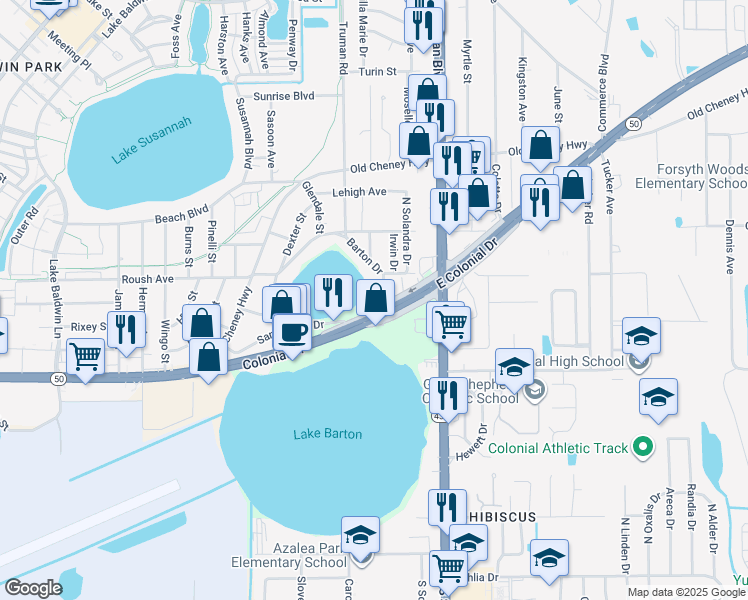 map of restaurants, bars, coffee shops, grocery stores, and more near 5553 Barton Drive in Orlando