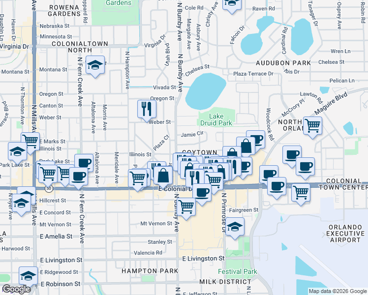 map of restaurants, bars, coffee shops, grocery stores, and more near 2502 Jamie Circle in Orlando