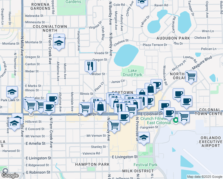 map of restaurants, bars, coffee shops, grocery stores, and more near 2502 Jamie Circle in Orlando