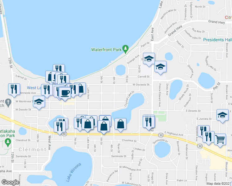 map of restaurants, bars, coffee shops, grocery stores, and more near 429 West Osceola Street in Clermont