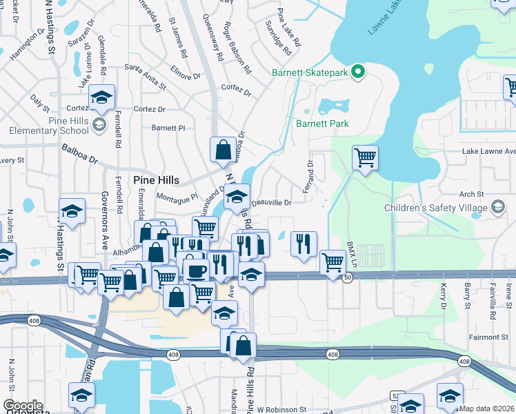 map of restaurants, bars, coffee shops, grocery stores, and more near 900 Alecon Drive in Orlando