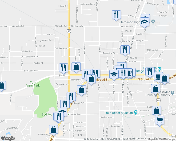 map of restaurants, bars, coffee shops, grocery stores, and more near West Fort Dade Avenue in Brooksville