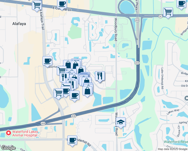 map of restaurants, bars, coffee shops, grocery stores, and more near 12718 Somerset Oaks Street in Orlando