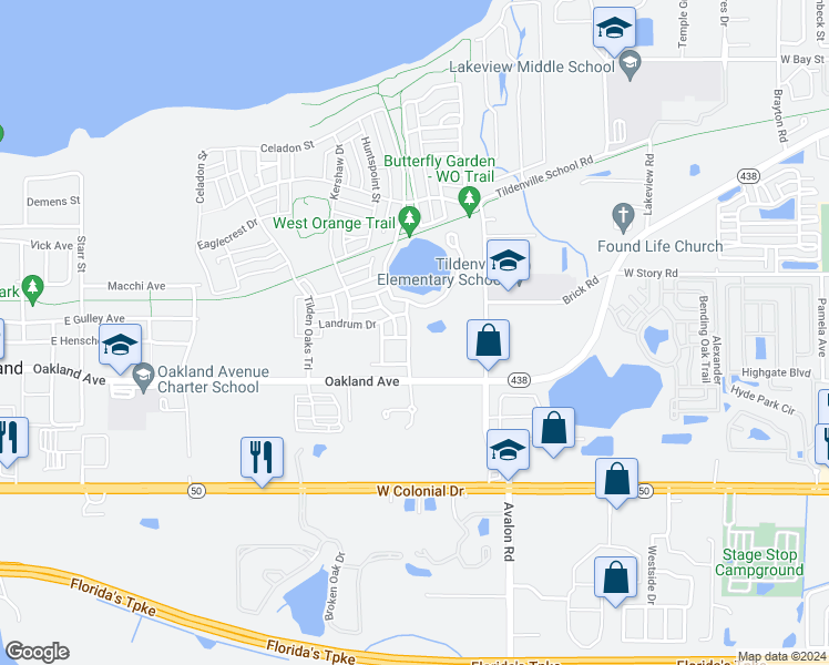 map of restaurants, bars, coffee shops, grocery stores, and more near 849 Oakland Park Boulevard in Winter Garden