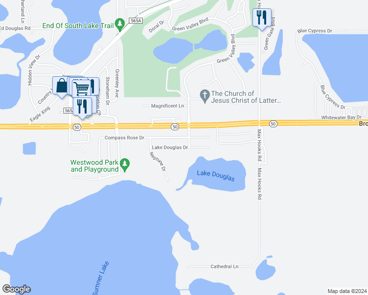 map of restaurants, bars, coffee shops, grocery stores, and more near 727 Lake Douglas Drive in Groveland
