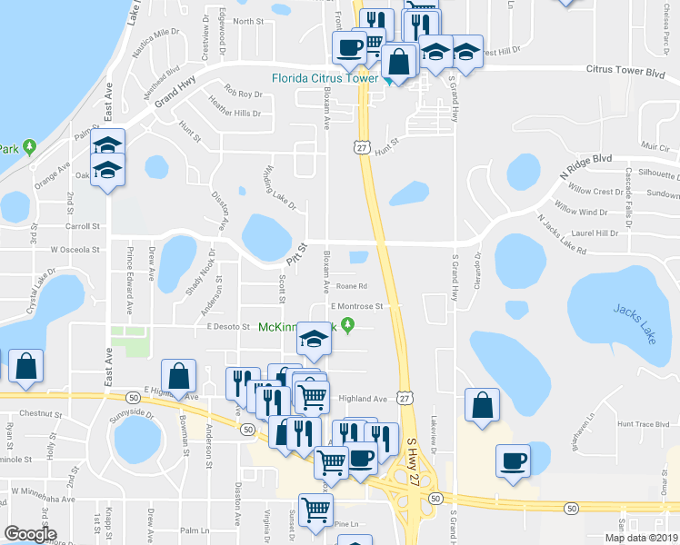 map of restaurants, bars, coffee shops, grocery stores, and more near 732 East Minneola Avenue in Clermont