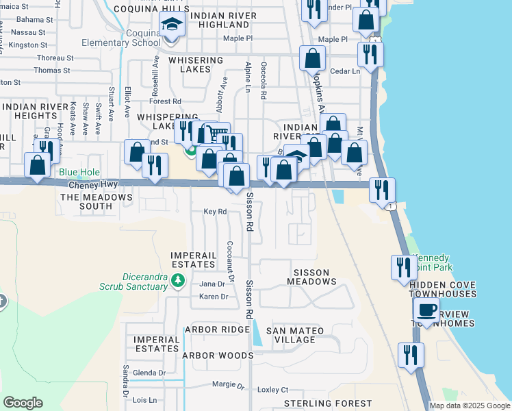 map of restaurants, bars, coffee shops, grocery stores, and more near 4660 Sisson Road in Titusville