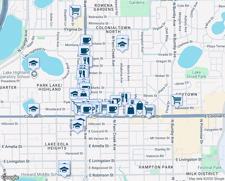 map of restaurants, bars, coffee shops, grocery stores, and more near 1603 East Marks Street in Orlando