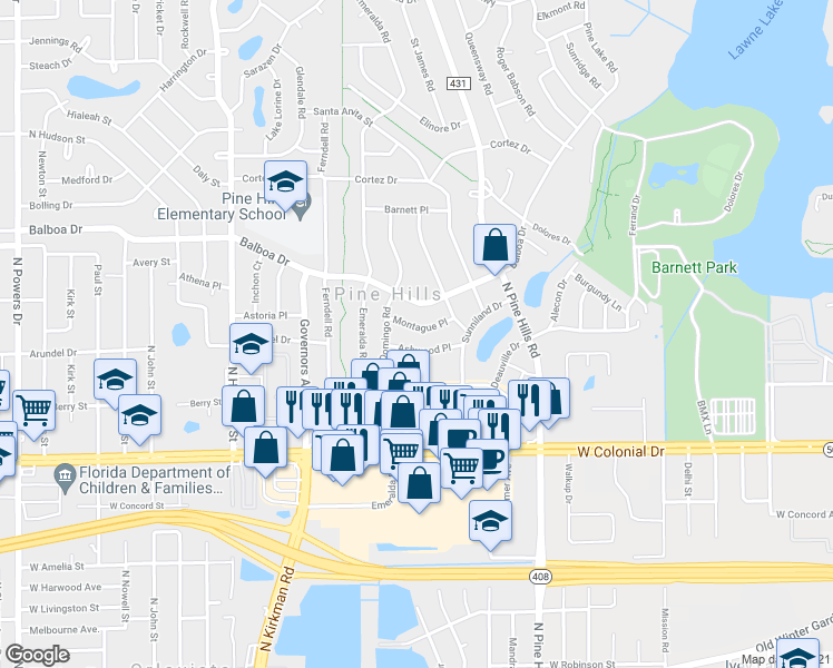map of restaurants, bars, coffee shops, grocery stores, and more near 5221 Montague Place in Orlando