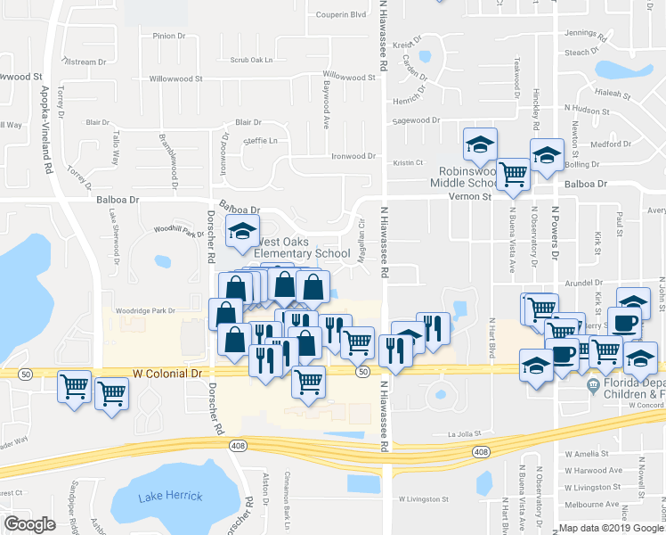 map of restaurants, bars, coffee shops, grocery stores, and more near 7208 Gantry Lane in Orlando